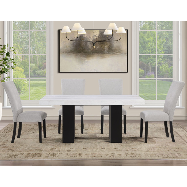 Artemis Black Base White Marble Dining Room Set w/ Gray Chenille Chairs