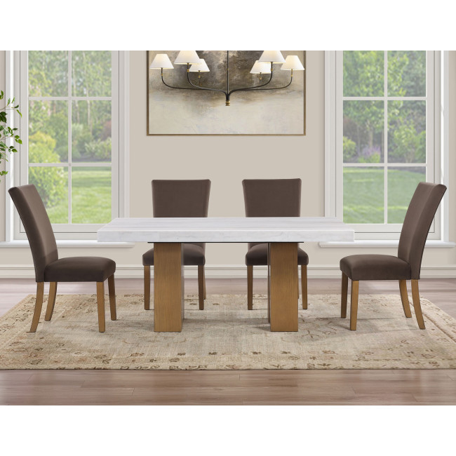 Artemis Sand Base White Marble Top Dining Room Set w/ Brown Chairs