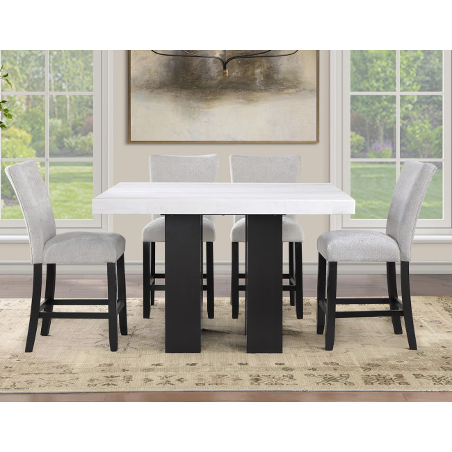 Artemis Black Base White Marble Counter Height Dining Set w/ Gray Chairs