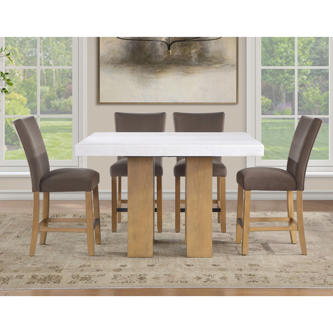 Artemis Sand Base White Marble Counter Height Dining Set w/ Brown Chairs