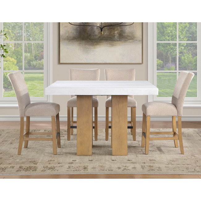 Artemis Sand Base White Marble Counter Height Dining Set w/ Beig Chairs