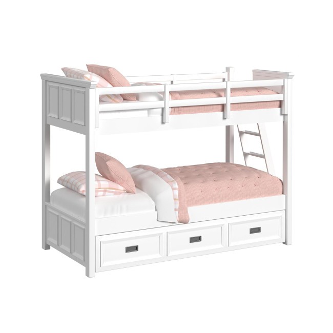 Hampton White Kids Twin Over Twin Bunk Bed w/ Ladder and Trundle