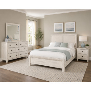 Custom Express Weathered White Upholstered Bed in Linen Bedroom Set