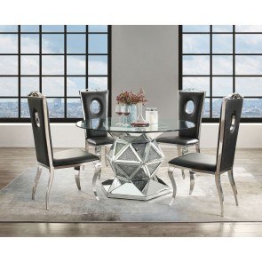 Noralie Round Mirrored Dining Set w/ Cyrene Leather Chairs