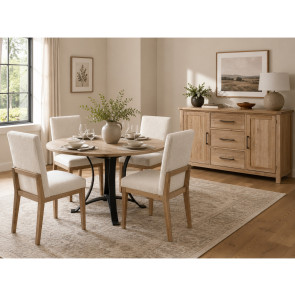 Dovetail Bleached White Round Dining Room Set w/ Upholstered Side Chairs