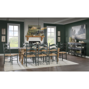 Vintage Market Barnwood Oak Dining Room Set w/ Mallard Green Rush Seat Ladder Back Chairs