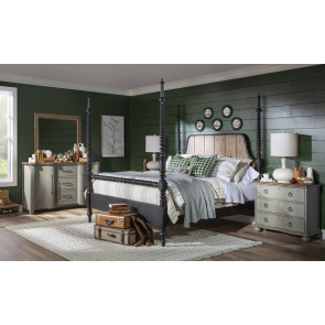 Vintage Market Kettle Black and Barnwood Oak Bobbin Post Bedroom Set w/ Northern Moss Casegoods