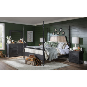 Vintage Market Kettle Black and Barnwood Oak Bobbin Post Bedroom Set