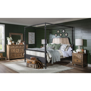 Vintage Market Kettle Black and Barnwood Oak Bobbin Post Canopy Bedroom Set w/ Barnwood Oak Casegoods