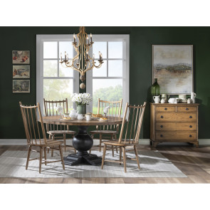 Vintage Market Kettle Black and Barnwood Oak Round Dining Room Set w/ Barnwood Oak Spindle Back Chairs