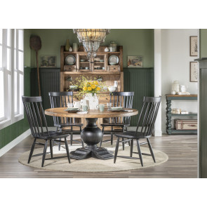 Vintage Market Kettle Black and Barnwood Oak Round Dining Room Set w/ Kettle Black Windsor Chairs