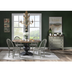 Vintage Market Kettle Black and Barnwood Oak Round Dining Room Set w/ Northern Moss Windsor Chairs