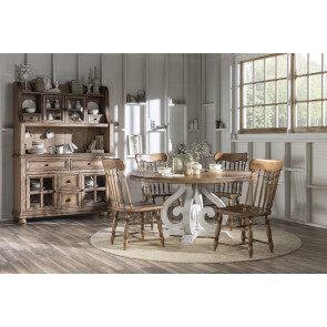 Vintage Market Picket Fence and Barnwood Oak Round Dining Room Set w/ Barnwood Oak Turned Spindle Chairs