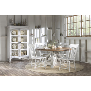 Vintage Market Picket Fence and Barnwood Oak Round Dining Room Set w/ Picket Fence Turned Spindle Chairs