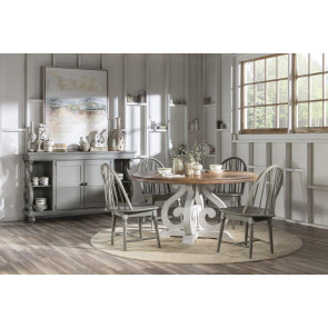 Vintage Market Picket Fence and Barnwood Oak Round Dining Room Set w/ Northern Moss Windsor Chairs