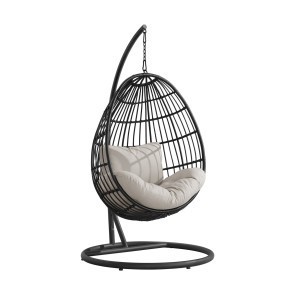 Playa Dark Grey and Olefin Beige Outdoor Swing Egg Chair w/ Base and Pillar