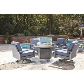 Dillon Beach Outdoor Round Fire Pit Dining Set w/ Swivel Chairs