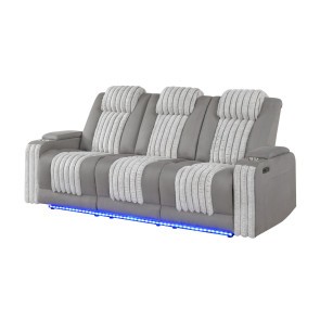 U8000 Grey Power Reclining Sofa w/ Power Headrests, Drop-Down Table and LED