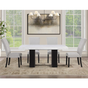 Artemis Black Base White Marble Dining Room Set w/ Gray Chenille Chairs