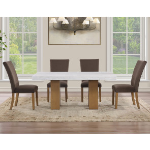 Artemis Sand Base White Marble Top Dining Room Set w/ Brown Chairs