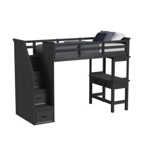 Hampton Charcoal Kids Twin Loft Bed w/ Staircase and Desk With Speaker