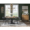 Vintage Market Kettle Black and Barnwood Oak Round Dining Room Set w/ Kettle Black Spindle Back Arm Chairs
